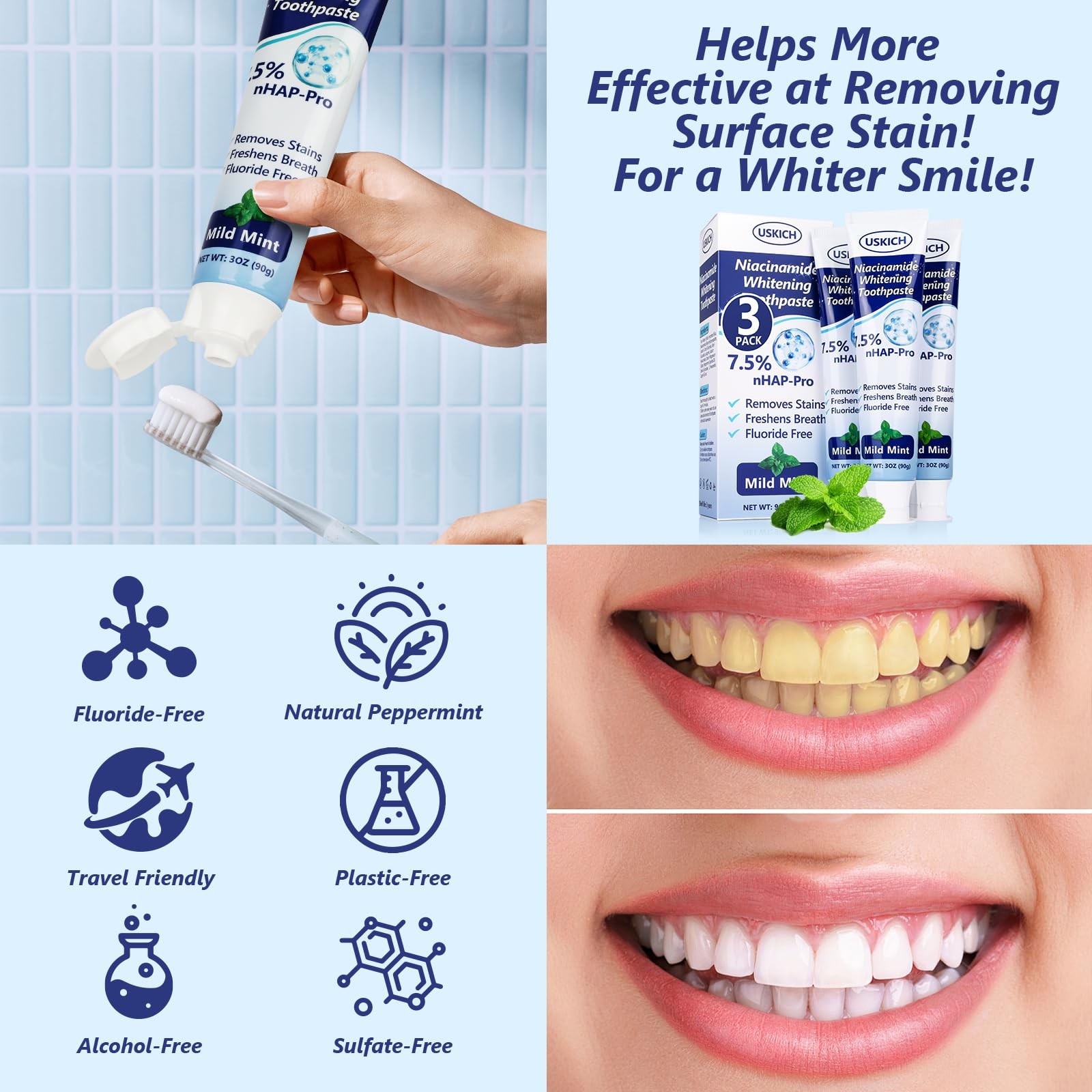 7.5% Nano Hydroxyapatite Toothpaste 3 Pack Whitening Natural Peppermint Fluoride