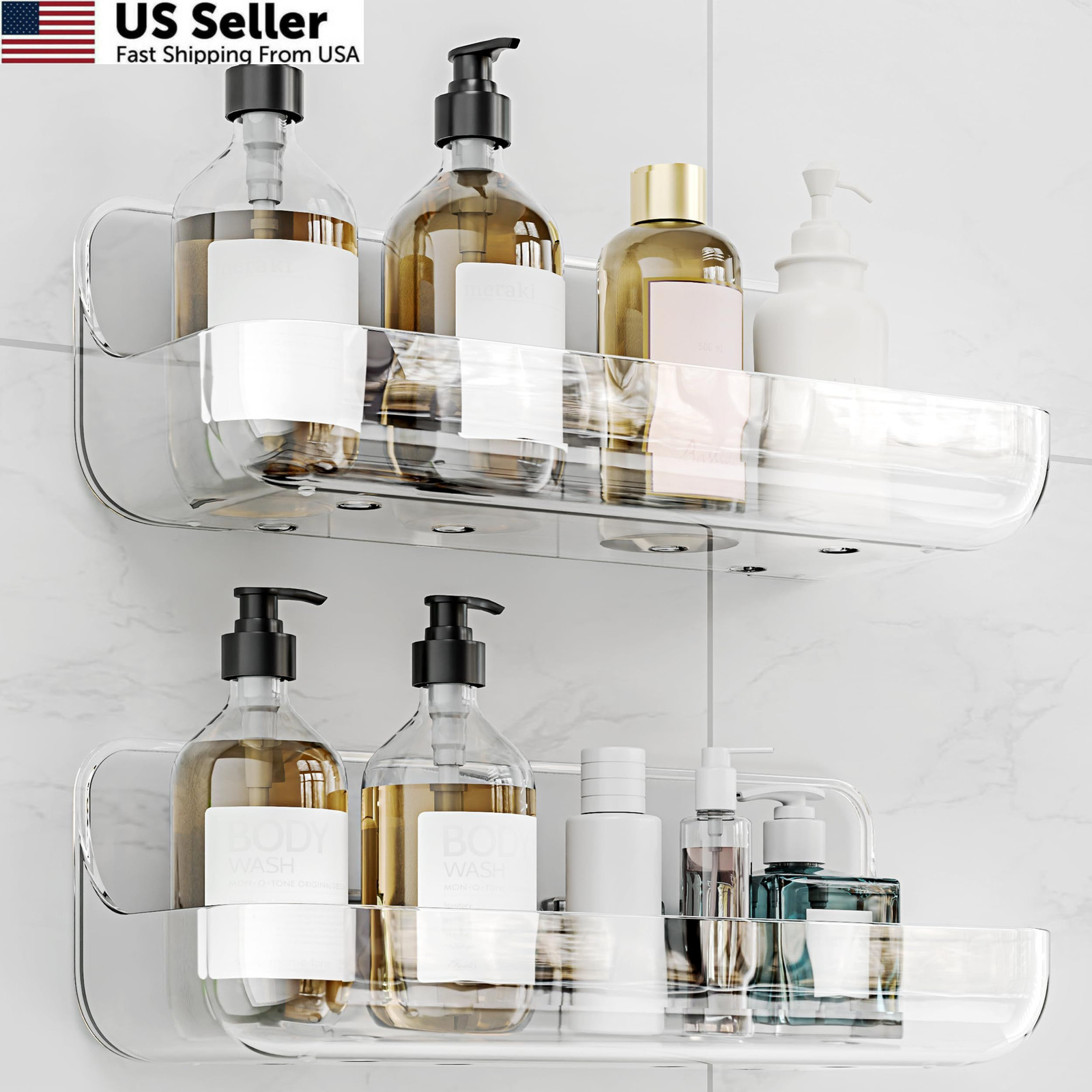 Kawfle Adhesive Shower Caddy, 2 Pack Acrylic Bathroom Shelves, 2 pack, Clear
