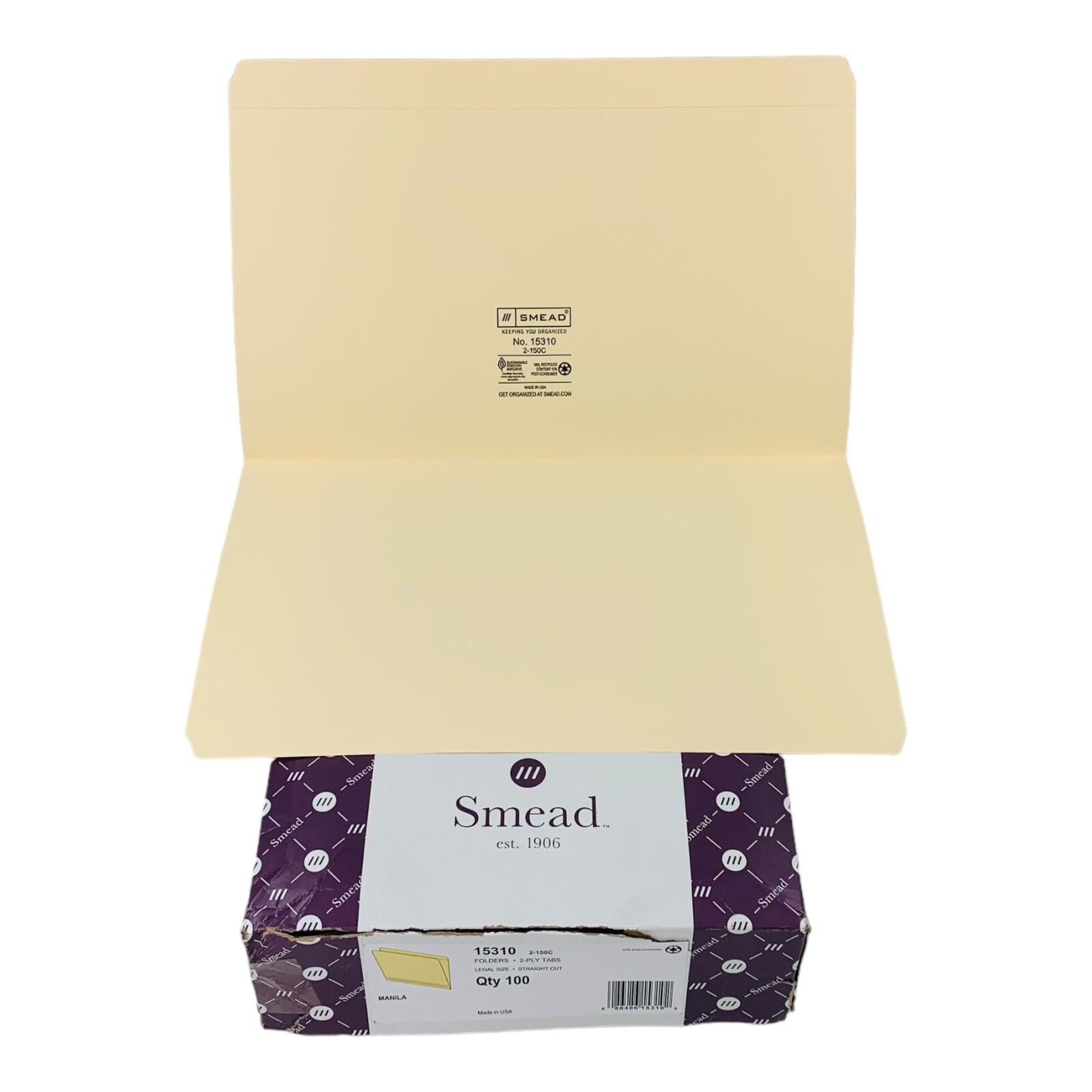 100 Smead Folders Legal Size Manila Straight Cut File Folders 2-Ply Tabs