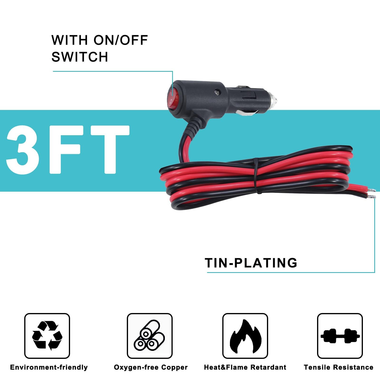 12Volt Replacement Cigarette Lighter Male Plug with On Off 3FT, red and black