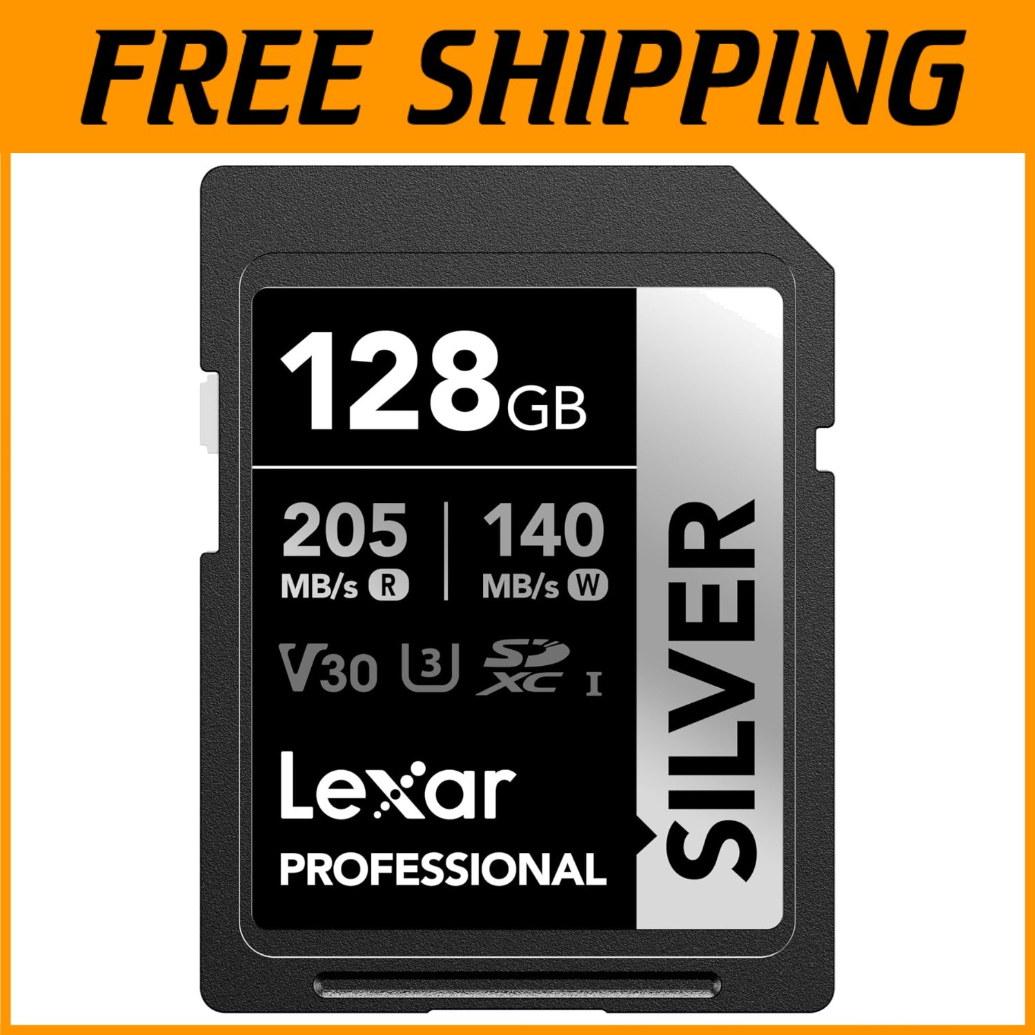 Professional Grade 128GB Silver SD Card - 205/140 MB/s=