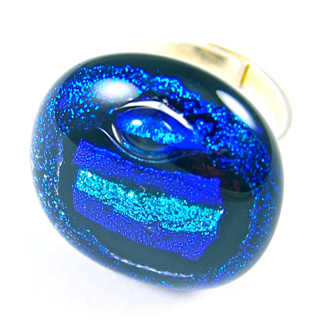 DICHROIC Glass Cocktail Ring Adjustable Large Round 1" 25mm Cobalt Blue Bubble