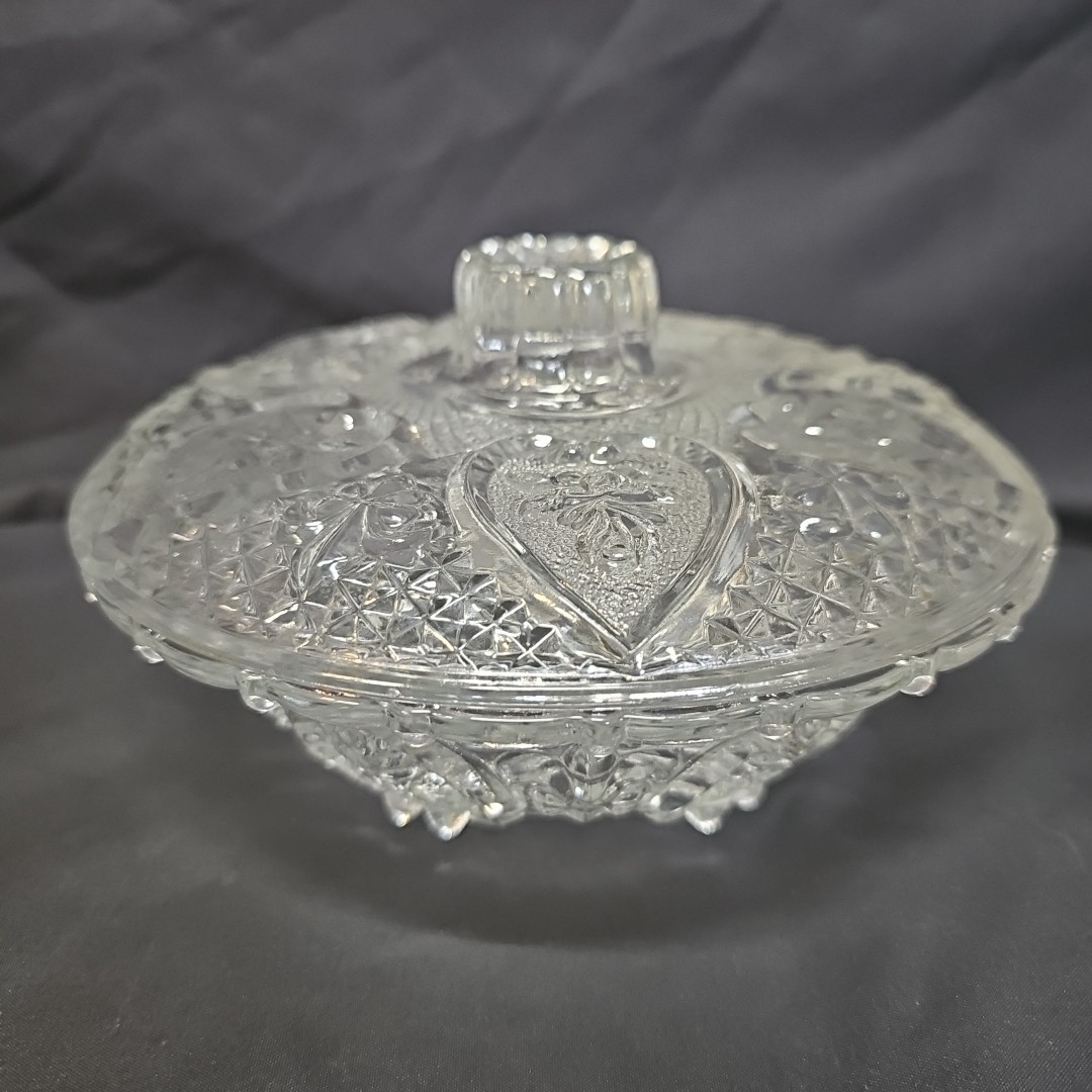 KIG Malaysia Glass Covered Candy Dish with Lid 6 7/8" Hearts with Roses Clear