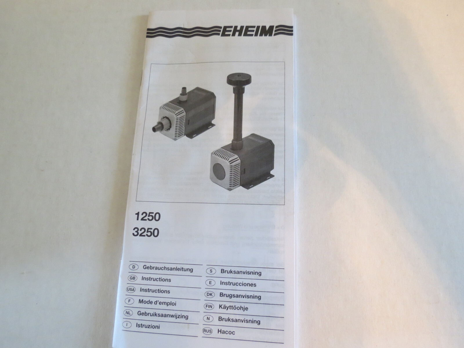 EHEIM 1250/3250 Universal Water Pump Owner's Manual & Parts Guide - V. Good Cond