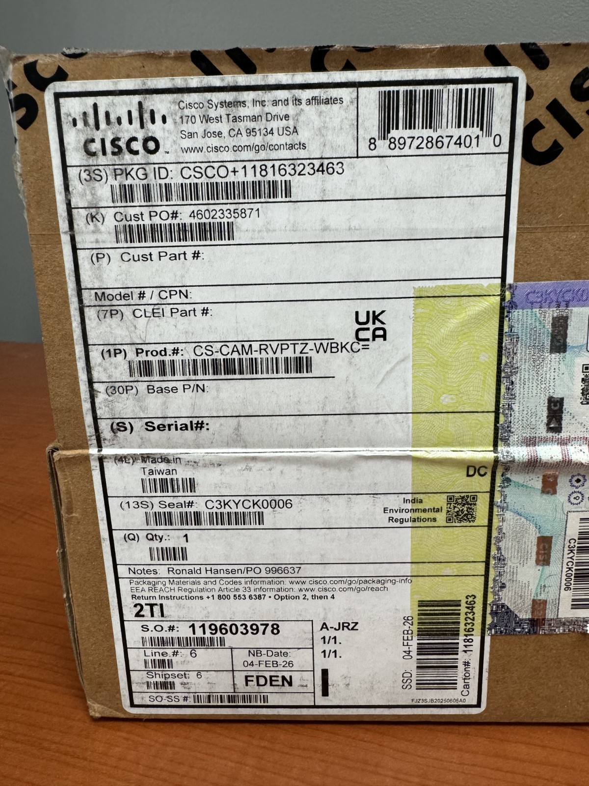 Cisco CS-CAM-RVPTZ-WBKC= Room Vision PTZ Camera Wall Mount Bracket
