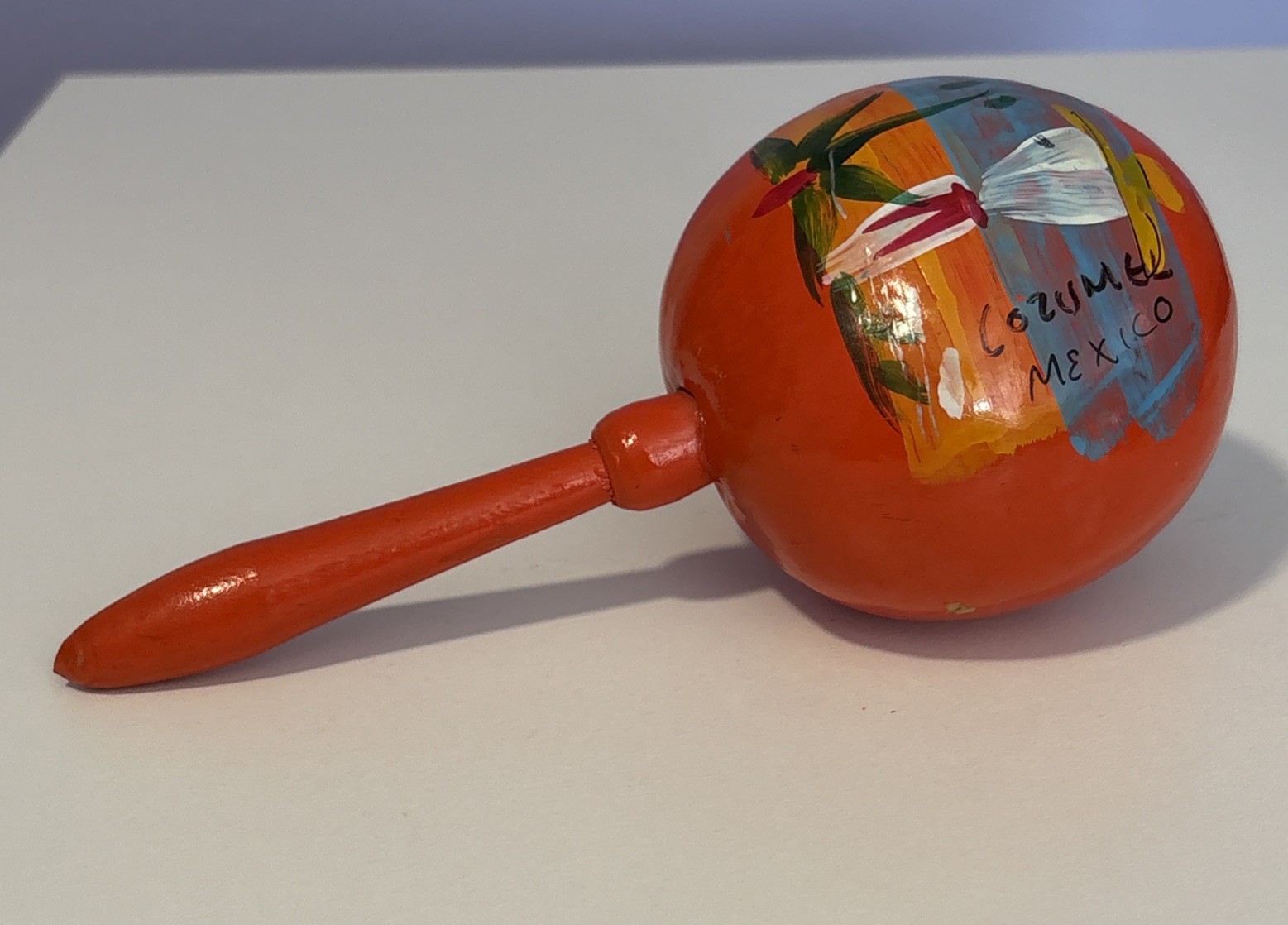 Vintage Hand Painted Mexican Maraca / Gourd Shaker 8”L 3.5”W Cozumel Mexico