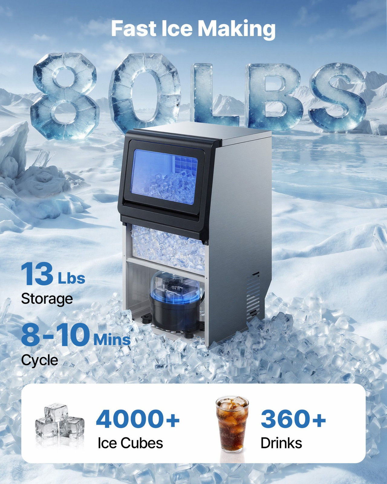 80lb Commercial Ice Maker Machine Stainless Steel Self Cleaning LED