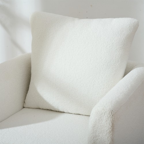 White Teddy Fabric Upholstered Club Chair Solid Wood Legs Lumbar Pillow Single