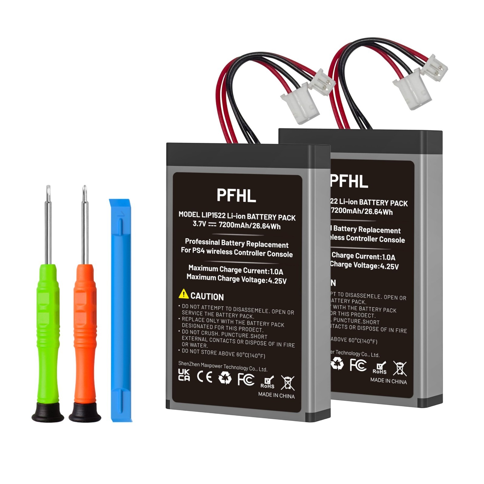 2 Pack High Capacity 7200mAh PS4 Controller Battery Upgrade + Repair Tool Kit