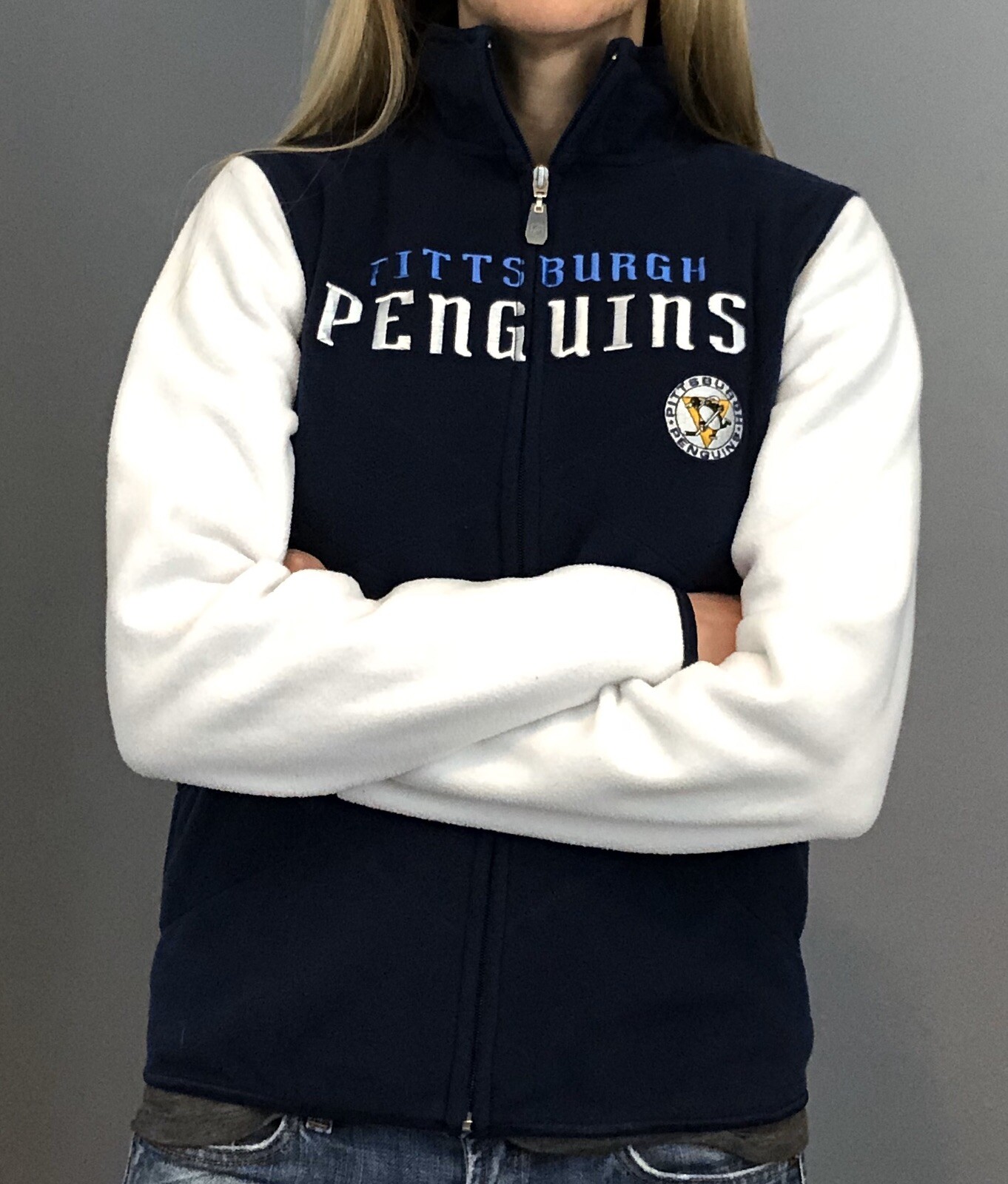 Pittsburgh Penguins Women's Fleece Jacket - Reebok Navy Blue Microfleece