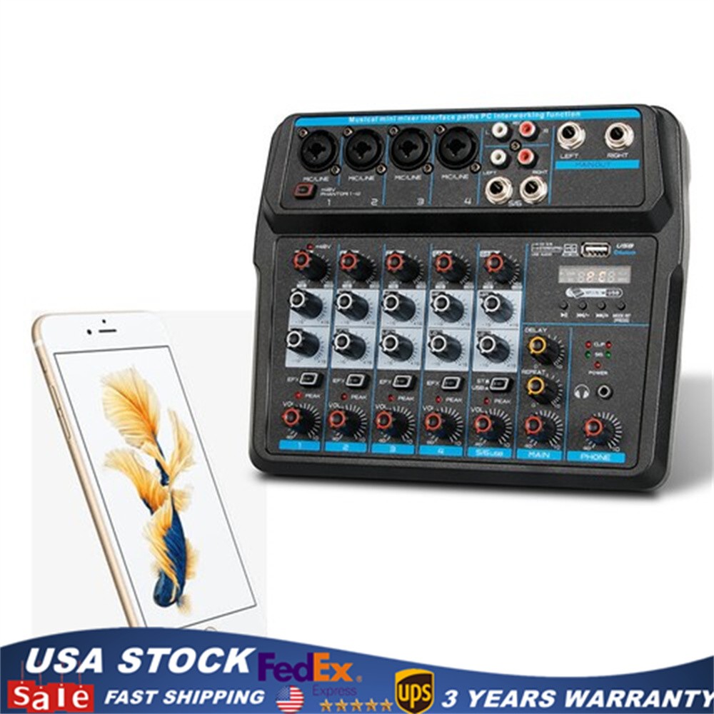 6 Channel  Audio Mixer Bluetooth Mixing Console For DJ Karaoke Live Podcast USB