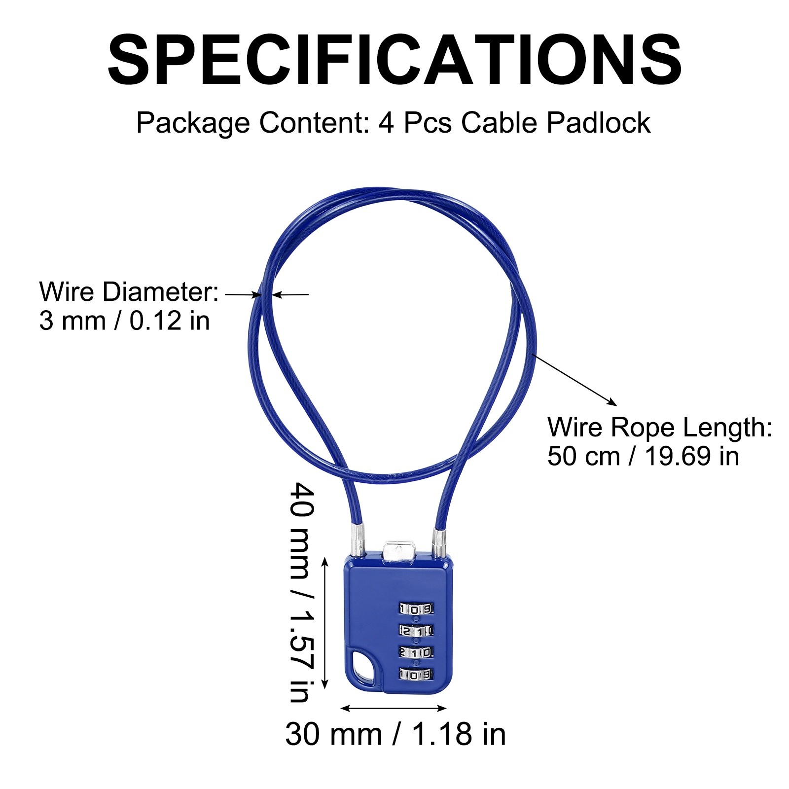 4Pcs Combination Cable Padlock with 19.7" (50cm) Flexible Cable, Blue
