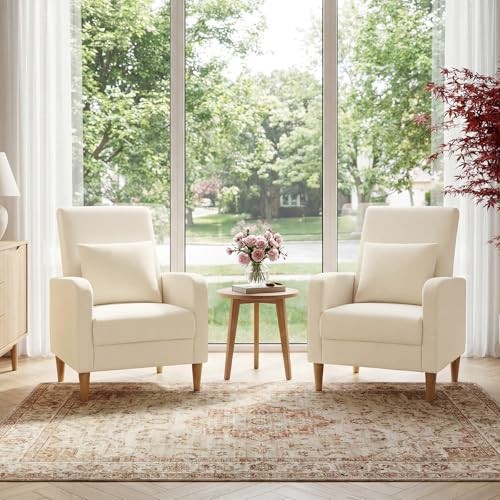 Mid-Century Modern Upholstered Accent Chair with Back Set of 2 Beige Fabric