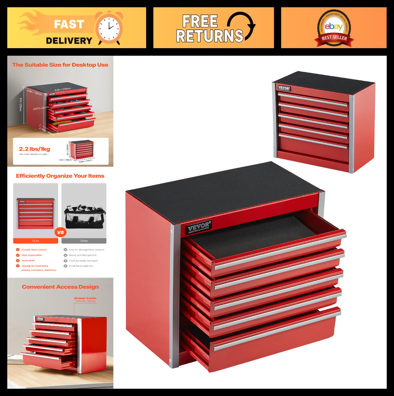 Portable Metal Tool Box with 5 Drawers, Heavy-Duty Steel Chest, EVA Liners, Red