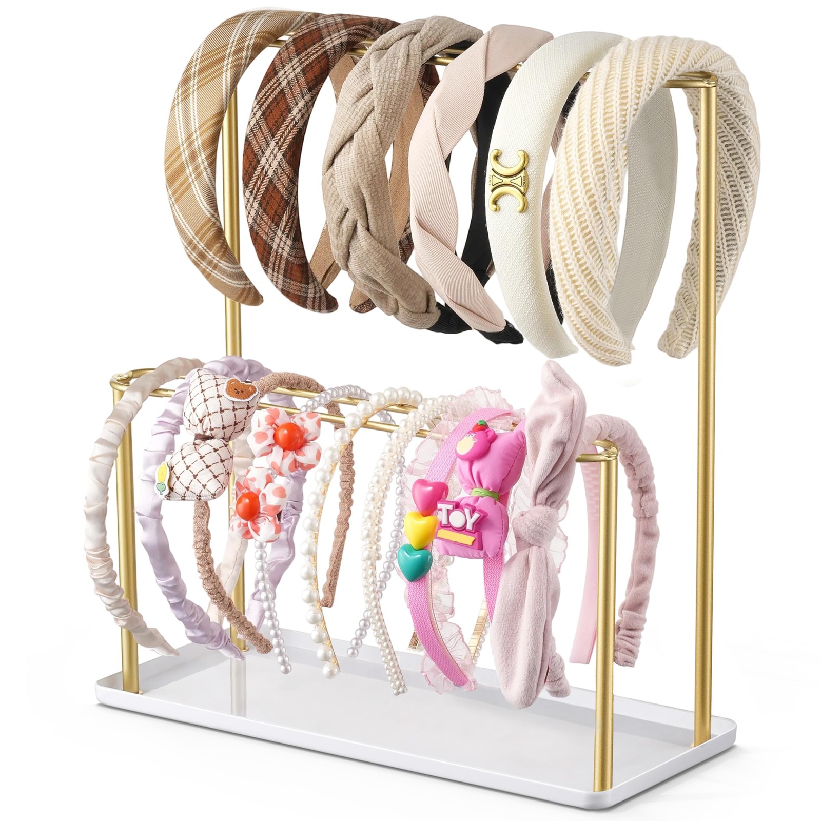 Organizador de diademas de metal de 2 niveles con bandeja: Accesorios el cabello