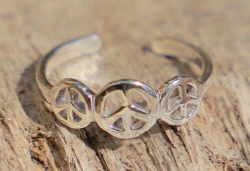 Women's Peace Sign Toe Ring Solid Metal 925 Sterling Silver White Gold Plated