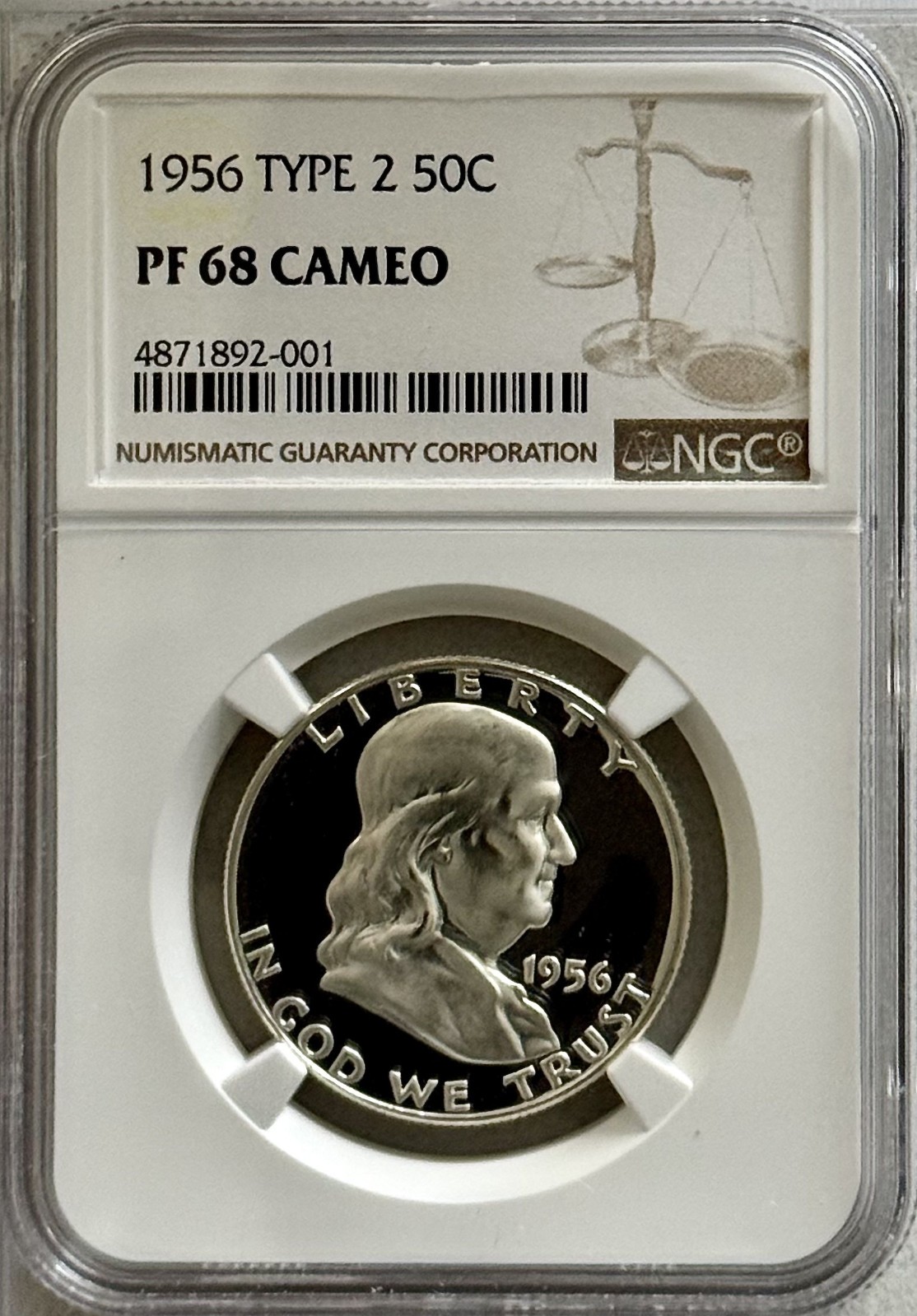 1956 PROOF FRANKLIN, NGC PR68 CAMEO, NO HAZE, SPOTS OR TONING, SOLID CAMEO FROST