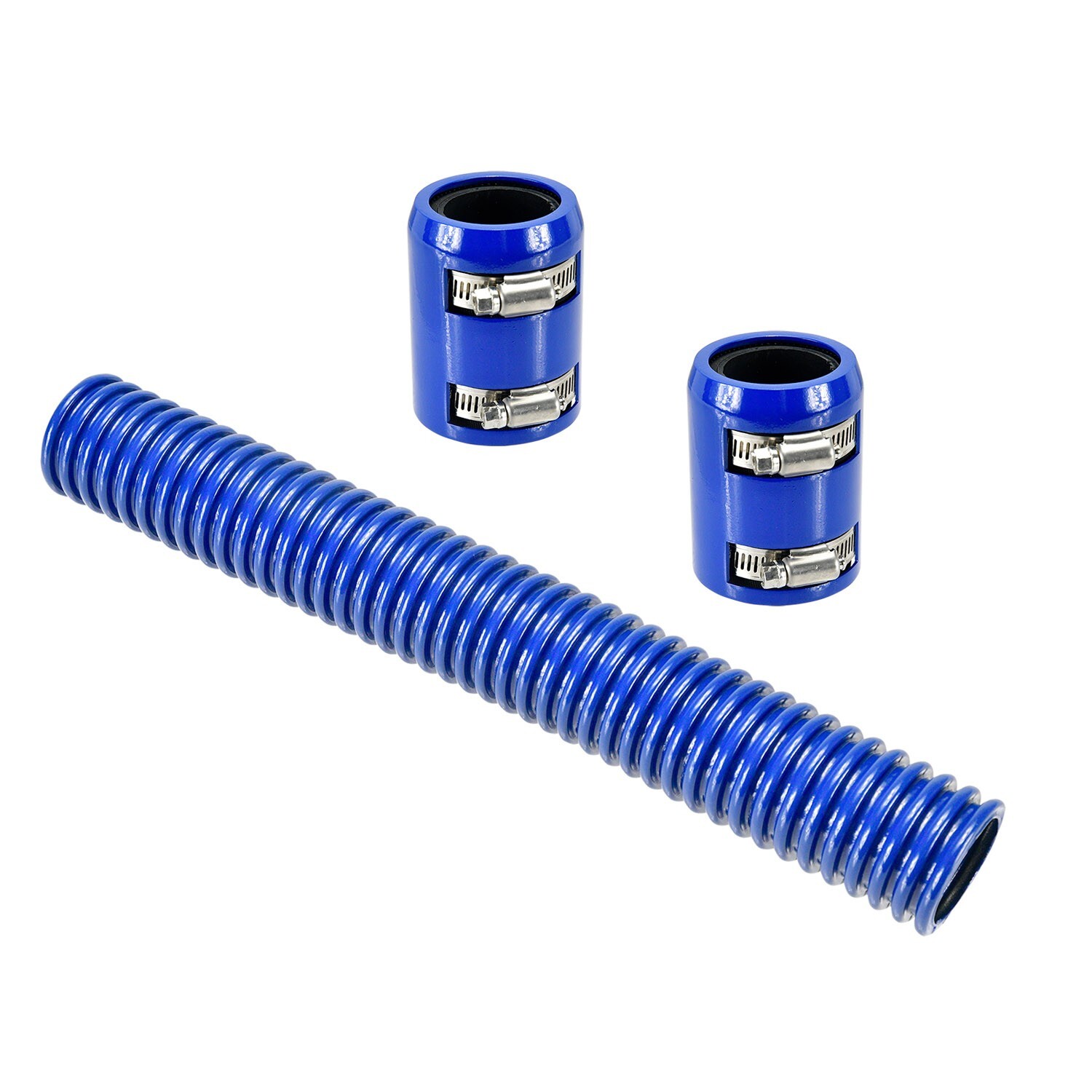 12" Long Blue Stainless Flexible Radiator Hose Kit W/ Blue Billet Clamp Covers