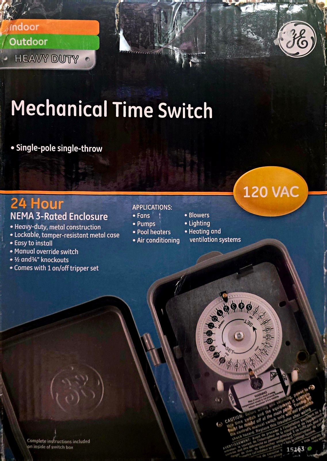 GE 15163 120VAC 24-Hour Dial Timer Switch Heavy Duty Manual Override SPST