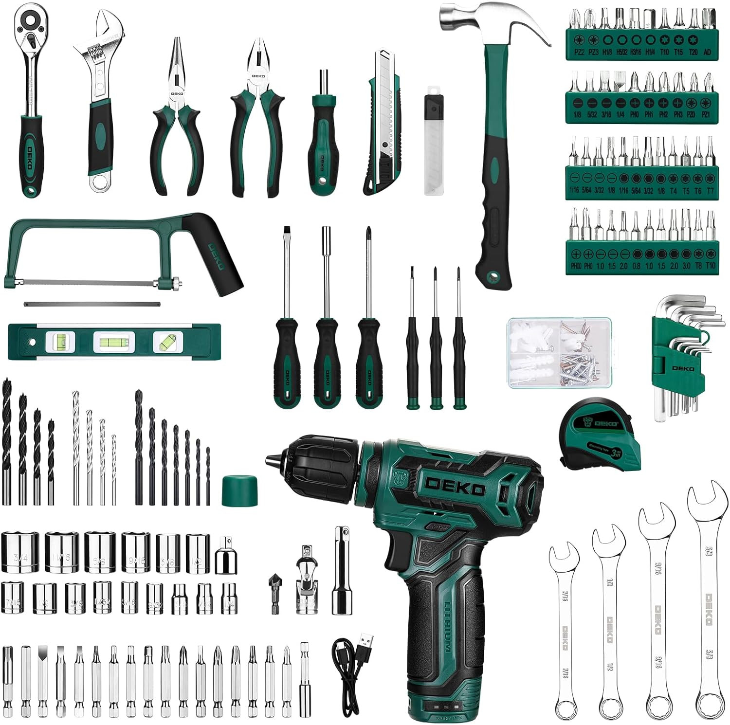 DEKOPRO Tool Set Tool Kit 12V Cordless Drill Hand Toolbox with Storage Case