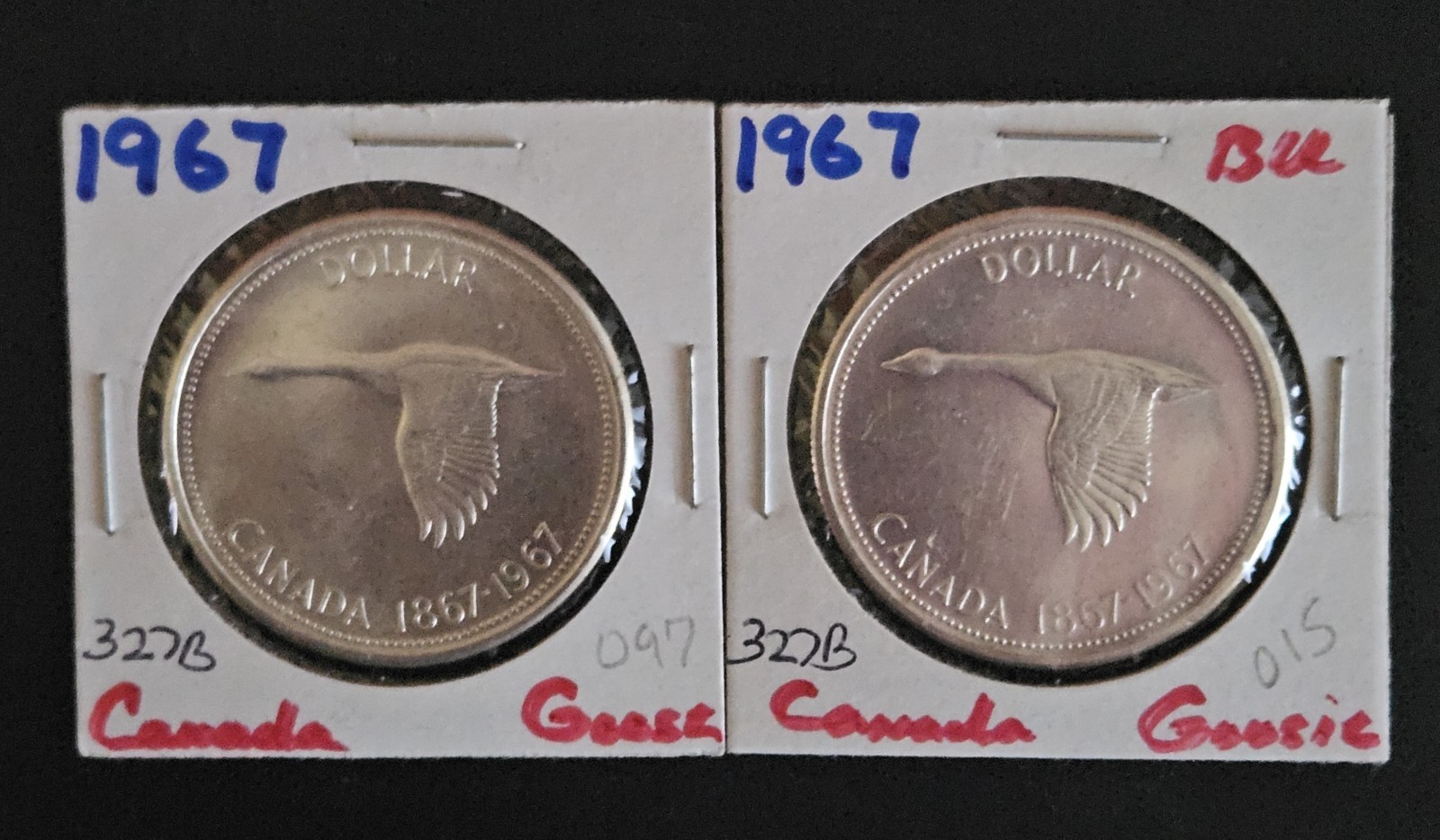 Two 1967 Canada Silver Dollars. 80%. Elizabeth II. Nice Coins.     CANAV