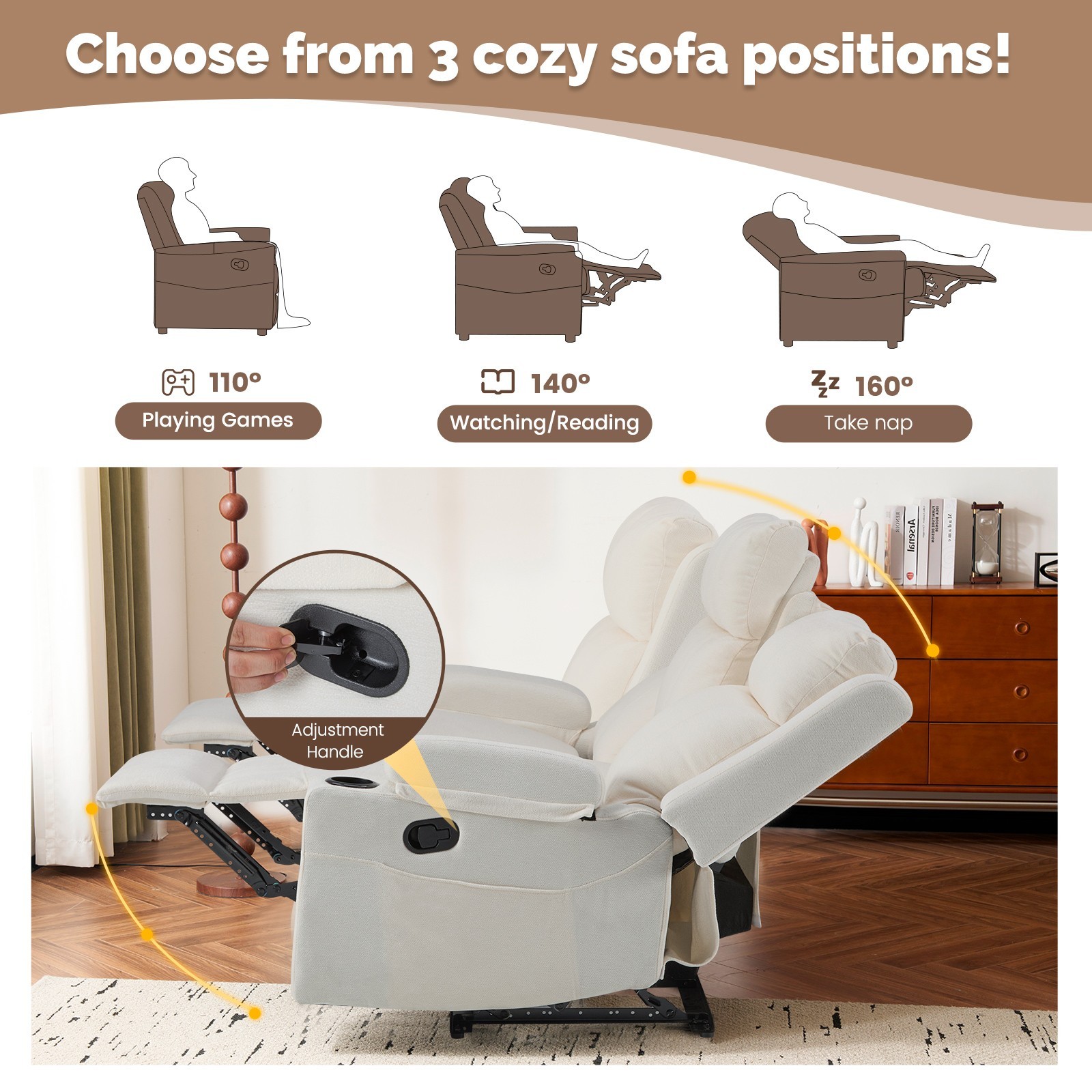 Chenille Reclining Sofa 3-Seater with Convertible Table, Storage Ottoman