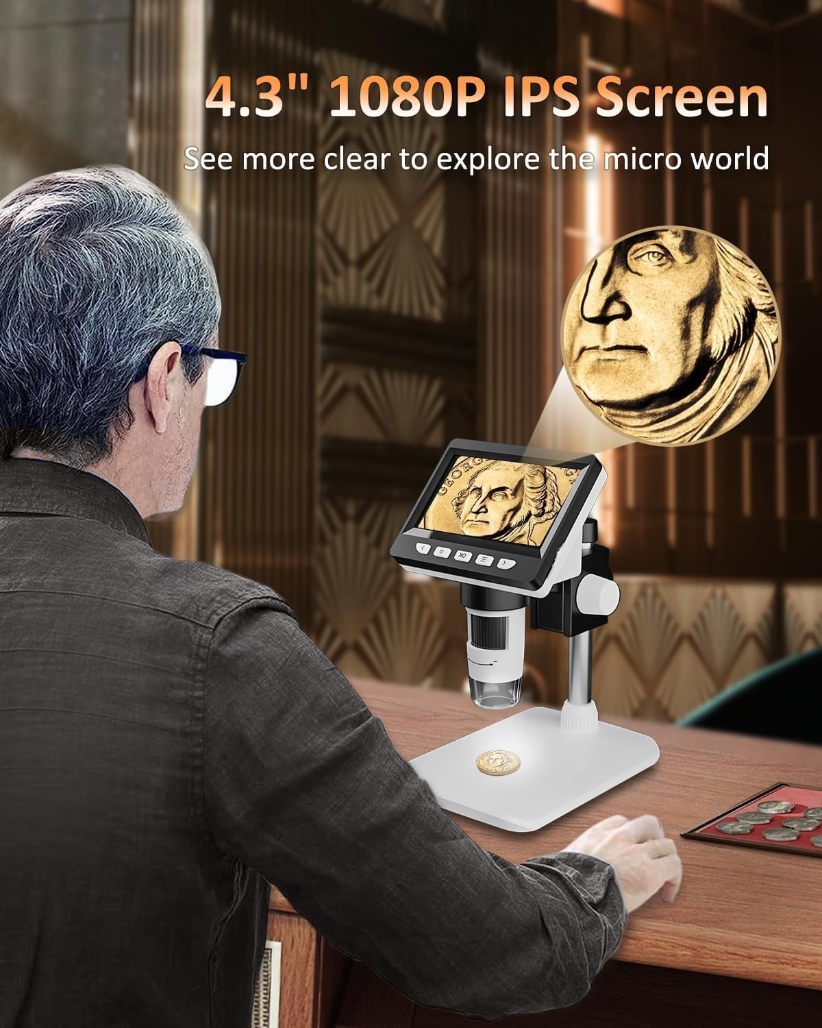 Coin Microscope 1000X 4.3'' LCD Digital Microscope with Screen USB HD