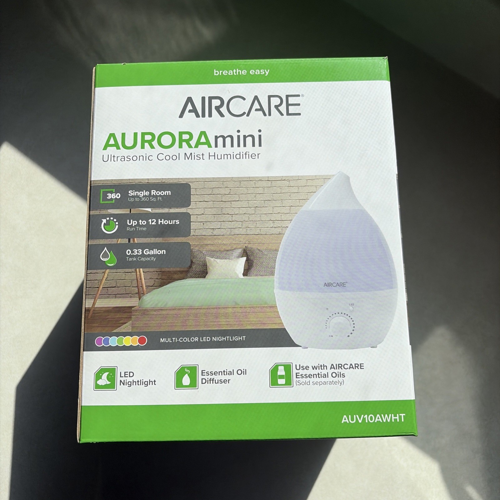 Aircare AuroraMini Ultrasonic Cool Mist Humidifier Multi-Color LED Light New!