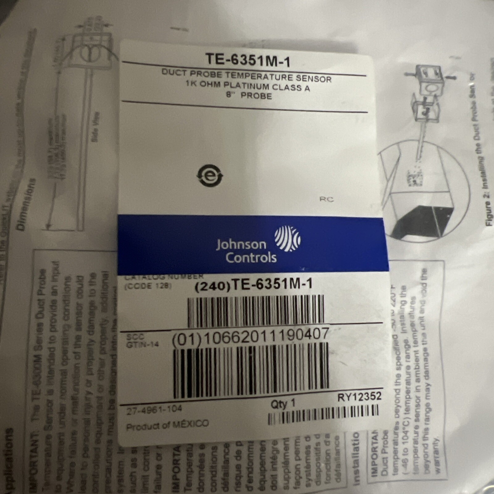 1pcs Johnson TE-6351M-1 Duct Temperature Sensor NEW . Sold individually.