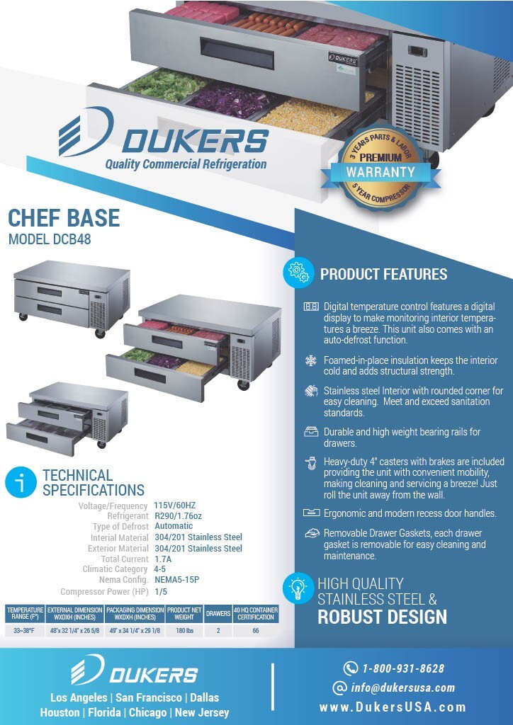 DUKERS DCB48-D2 48" 2 DRAWER CHEF BASE REFRIGERATOR