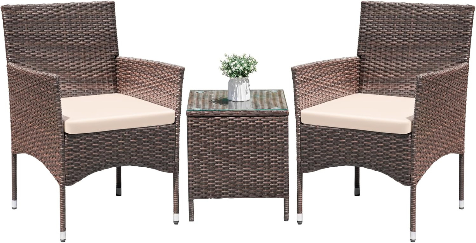 3 Pieces Patio Dining PE Rattan Wicker Chair Furniture Set with Cushion and Glas