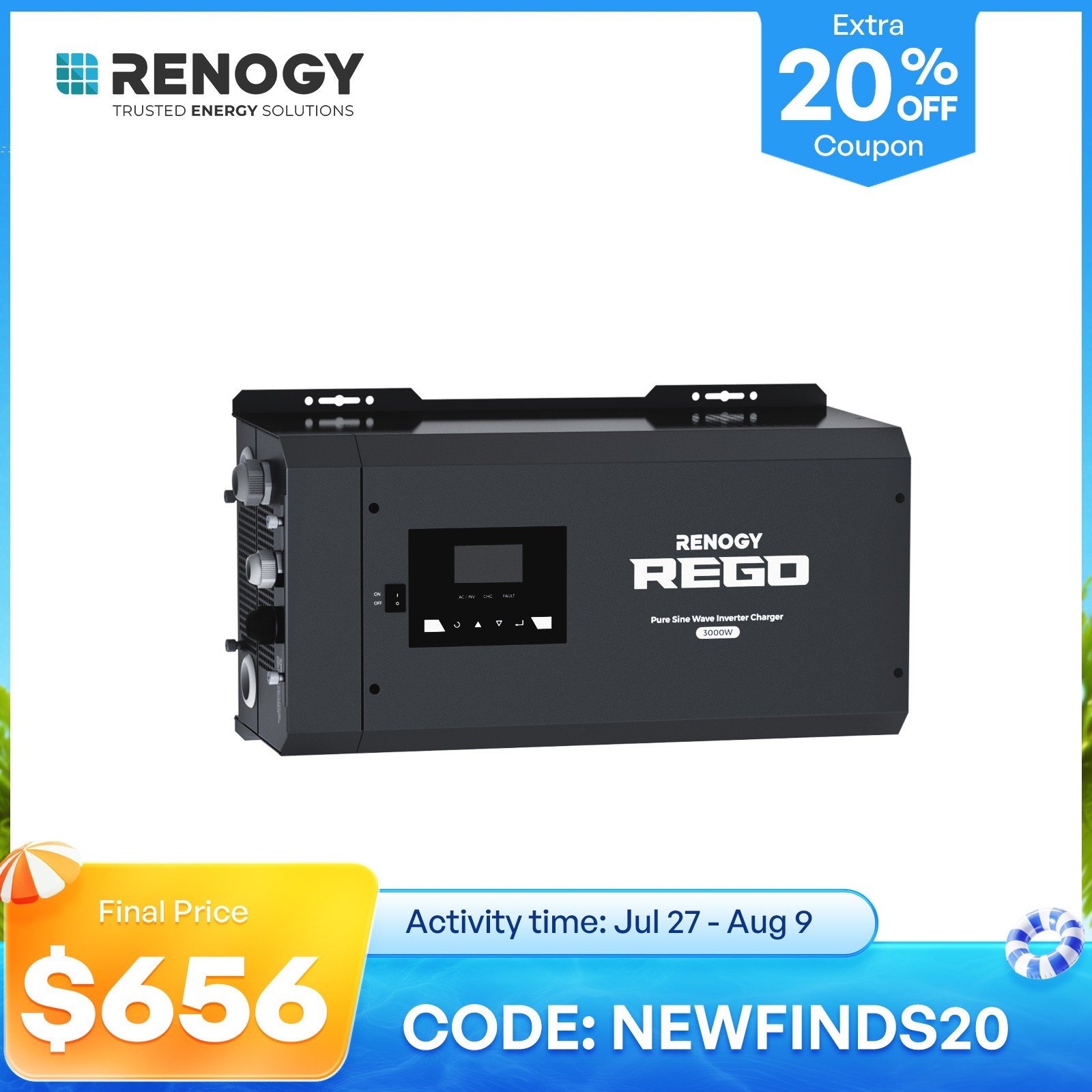 Renogy REGO 3000W Pure Sine Wave Inverter Charger w/LCD 12V DC to 120V AC