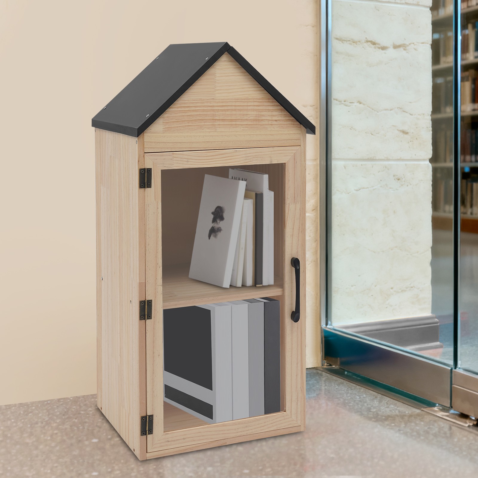 2-Tier Wooden Book Box Home Book Storage Box w/Door, Little Library Box Cabinet