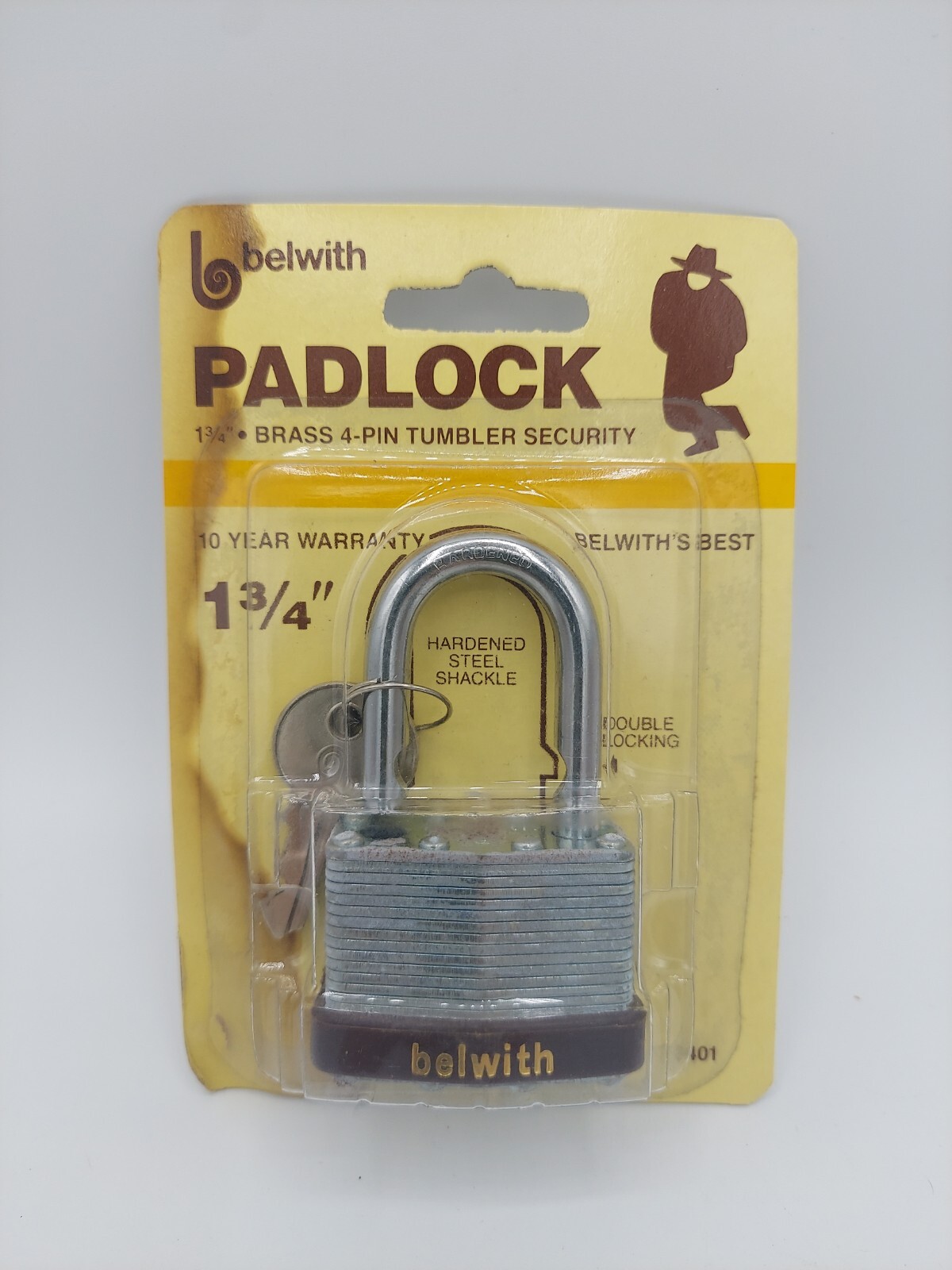 Belwith 1 3/4" Steel Padlock #3401, Bronze 4-Pin Tumbler, NOS 1984, NEW & SEALED