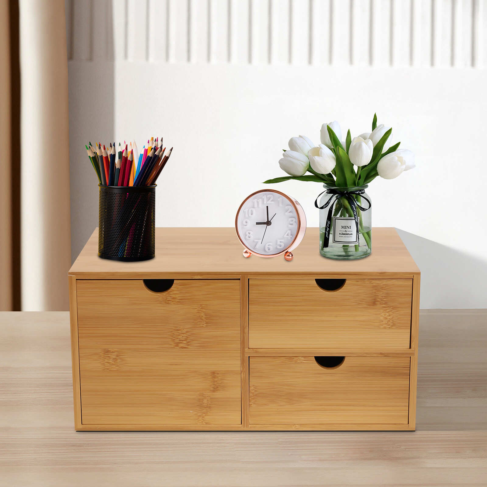 Desk Organizer Drawers Office Desktop Storage Bamboo Box Storage Recess Handle