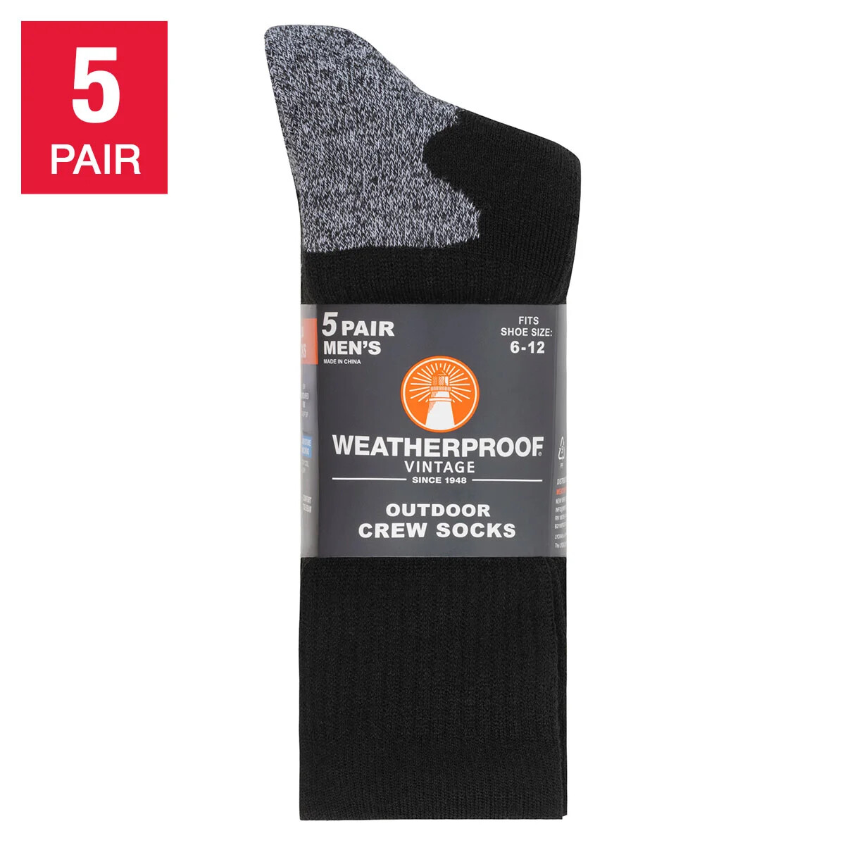 Weatherproof Men's Wool Blend Crew Socks Pack 5, Shoe Size 6-12