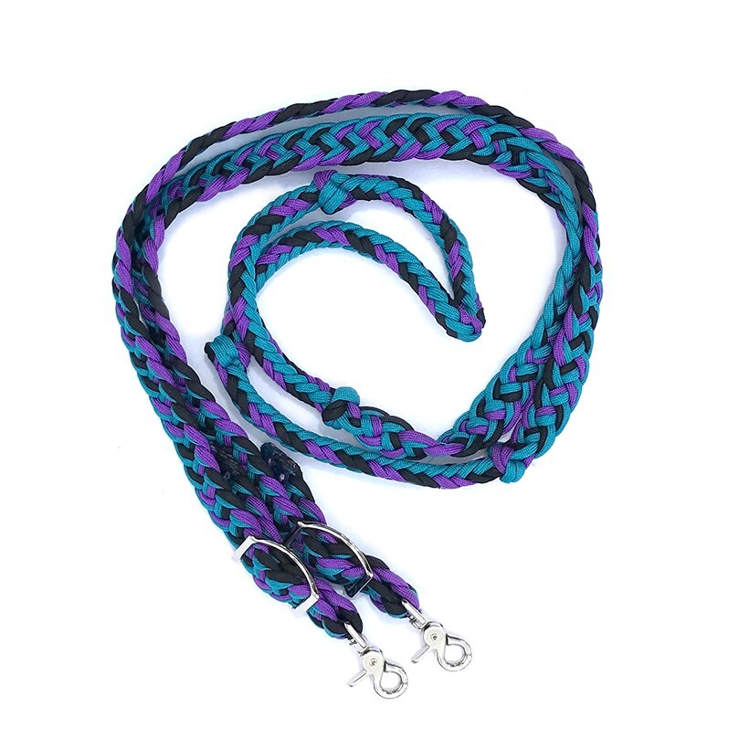 Braided Barrel Reins 8 ft long with 2 Scissor Snaps Teal, Purple, Black #55015