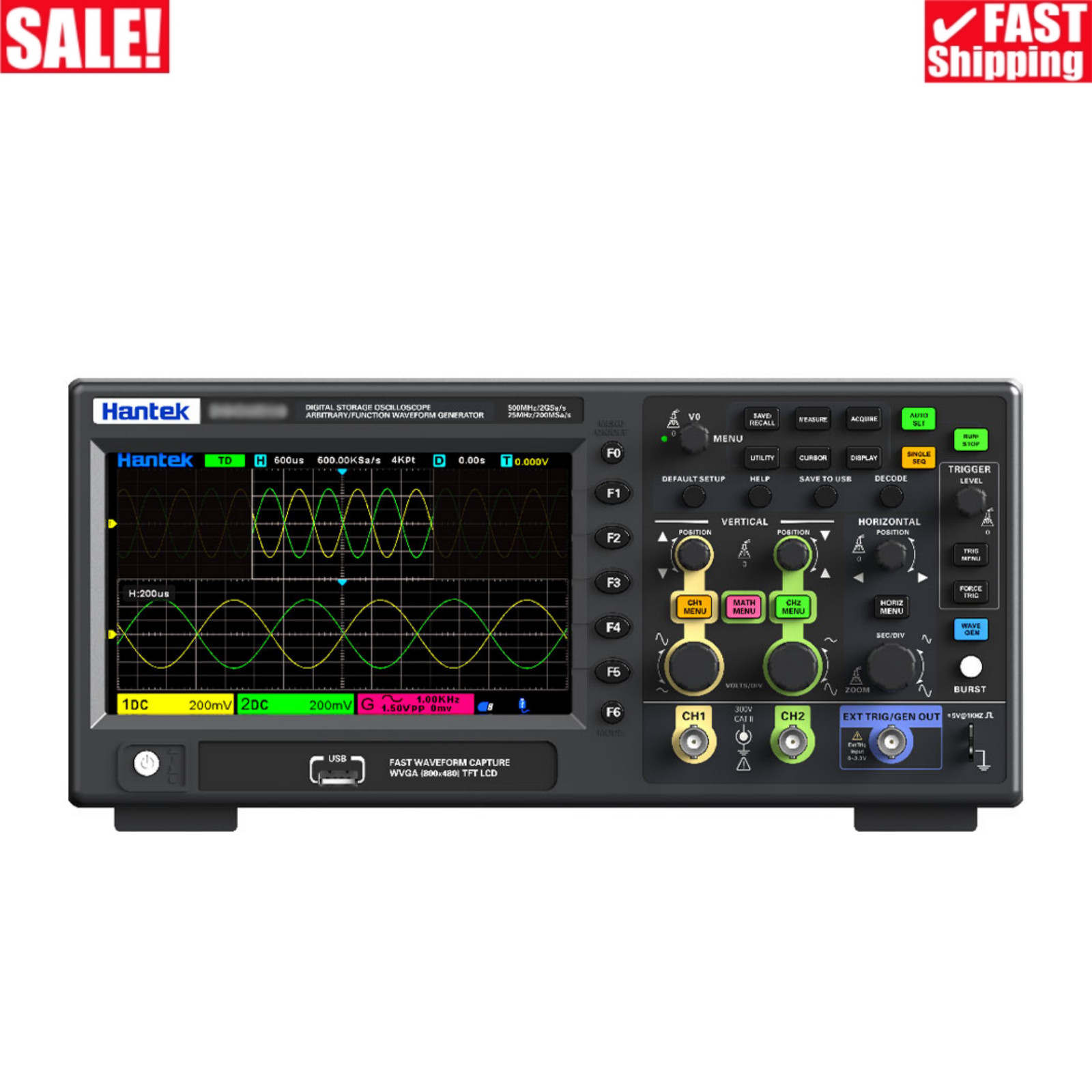 Hantek 2-Channel Digital Storage Oscilloscope 2GSa/s Signal Generator 7" Screen