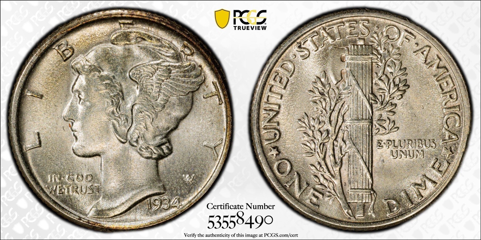 1934 Mercury Silver Dime MS65FB PCGS Full Band Coin