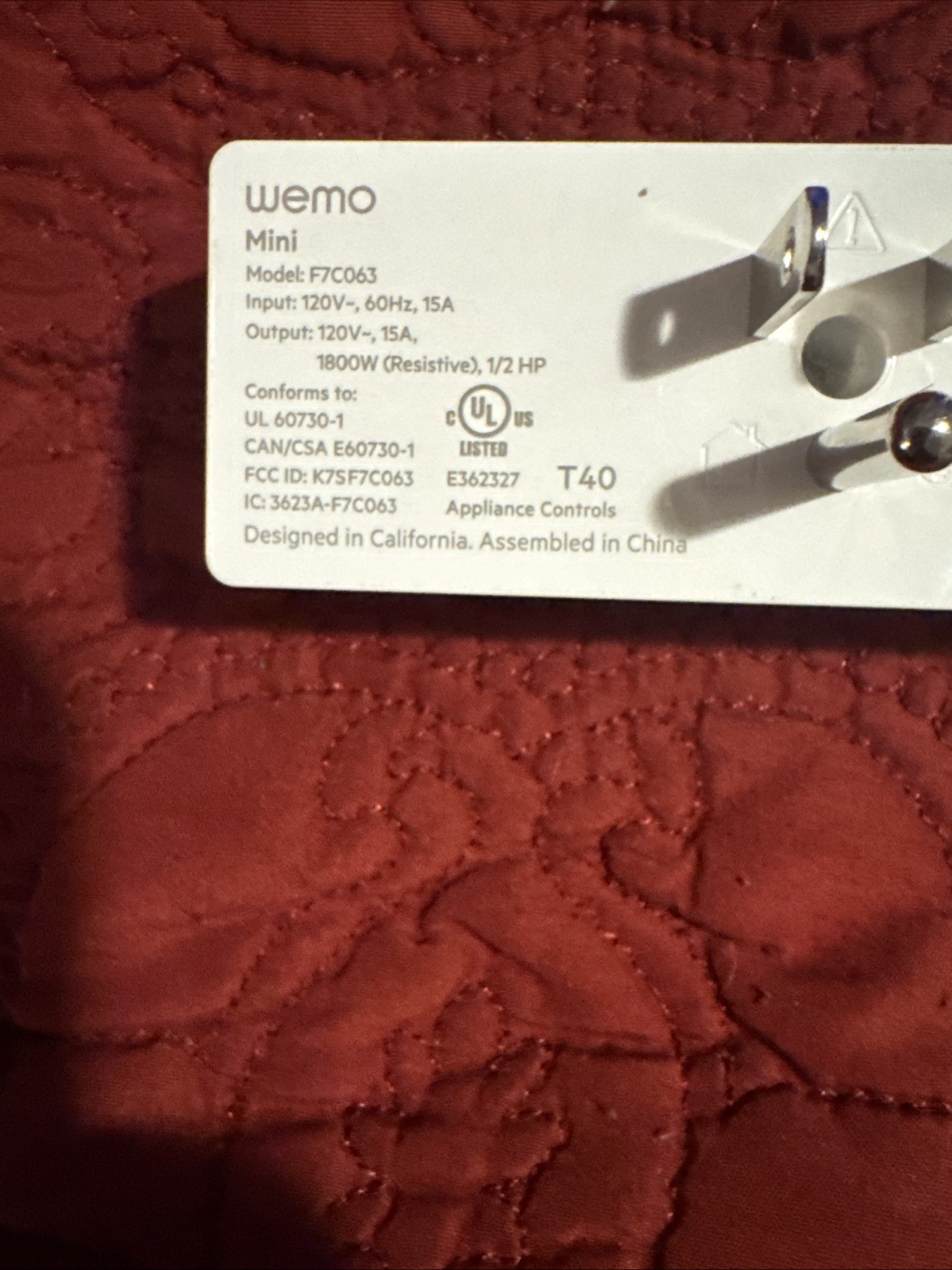 #T) WEMO WiFi Enabled Mini Smart Plug F7C063 Tested