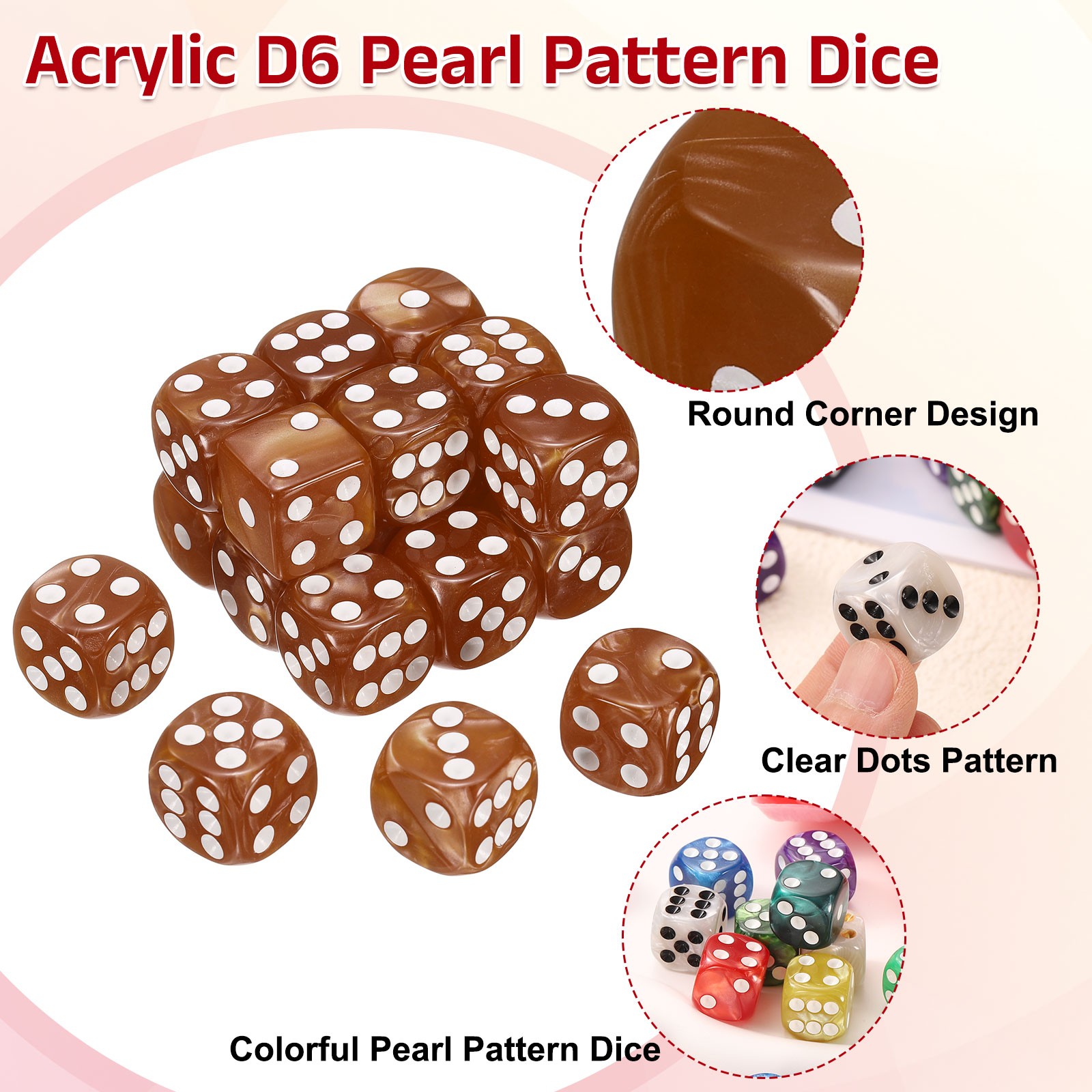 20Pcs 6 Sided Colored Standard Dice, Acrylic D6 Pearl Pattern Dice, Brown