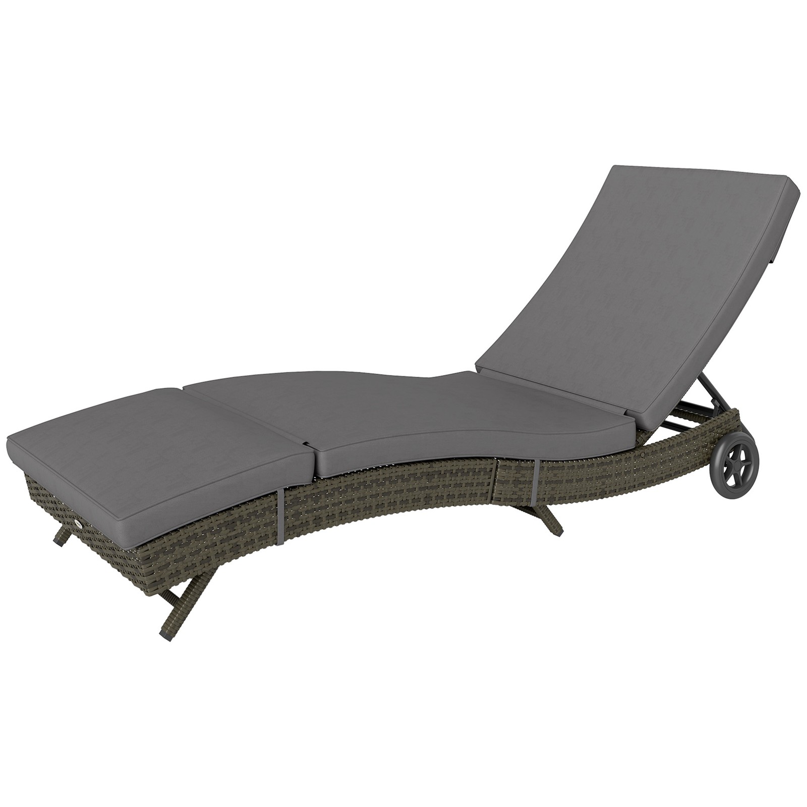 Outdoor Reclining Lounge Chair, PE Wicker, Rolling Wheels, Patio, Grey