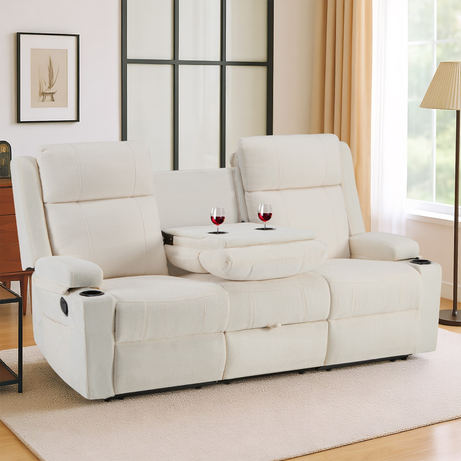 Chenille Reclining Sofa 3-Seater with Convertible Table, Storage Ottoman