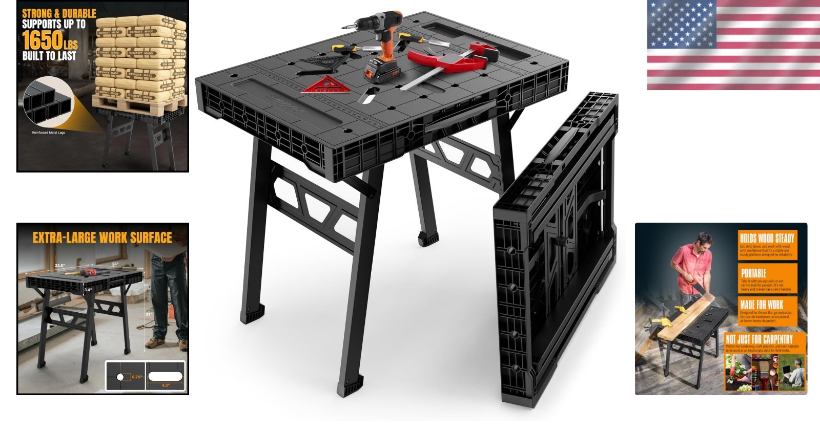Versatile Heavy-Duty Folding Worktable - 34” W x 24” D, Quick Setup in 3 Seconds