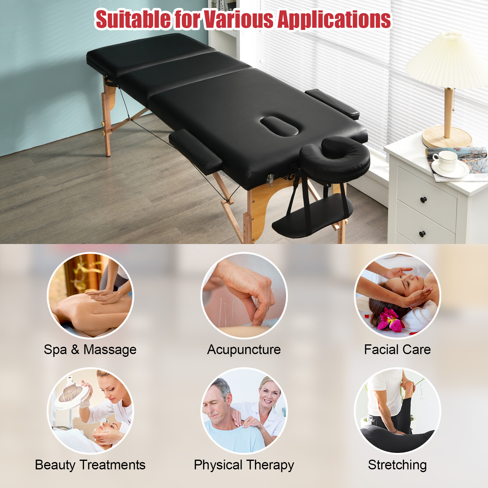Costway Portable Massage Table 3 Fold 84"L Adjustable Spa Bed w/Carry Case Black