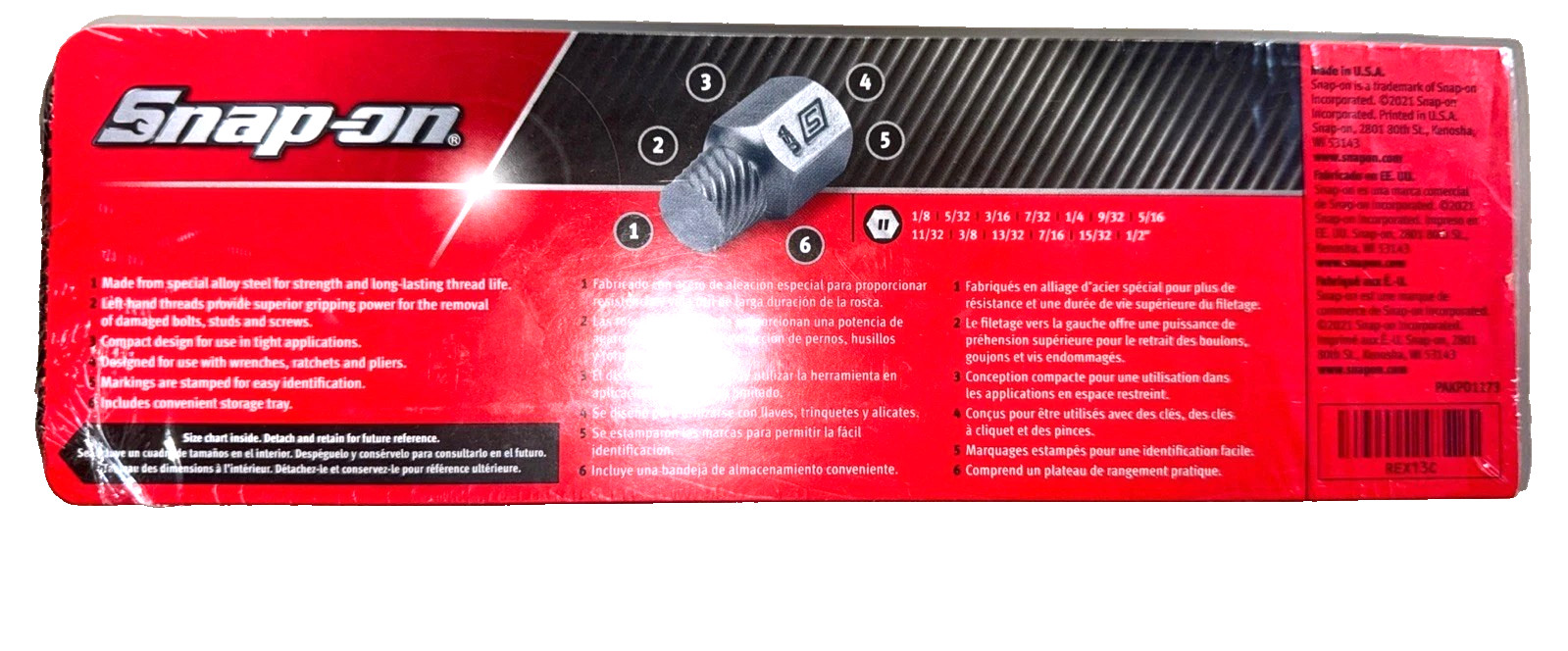 New Snap-on™ 1/8" - 1/2" REX13C 13-pc Multi Spline Screw Extractor Set