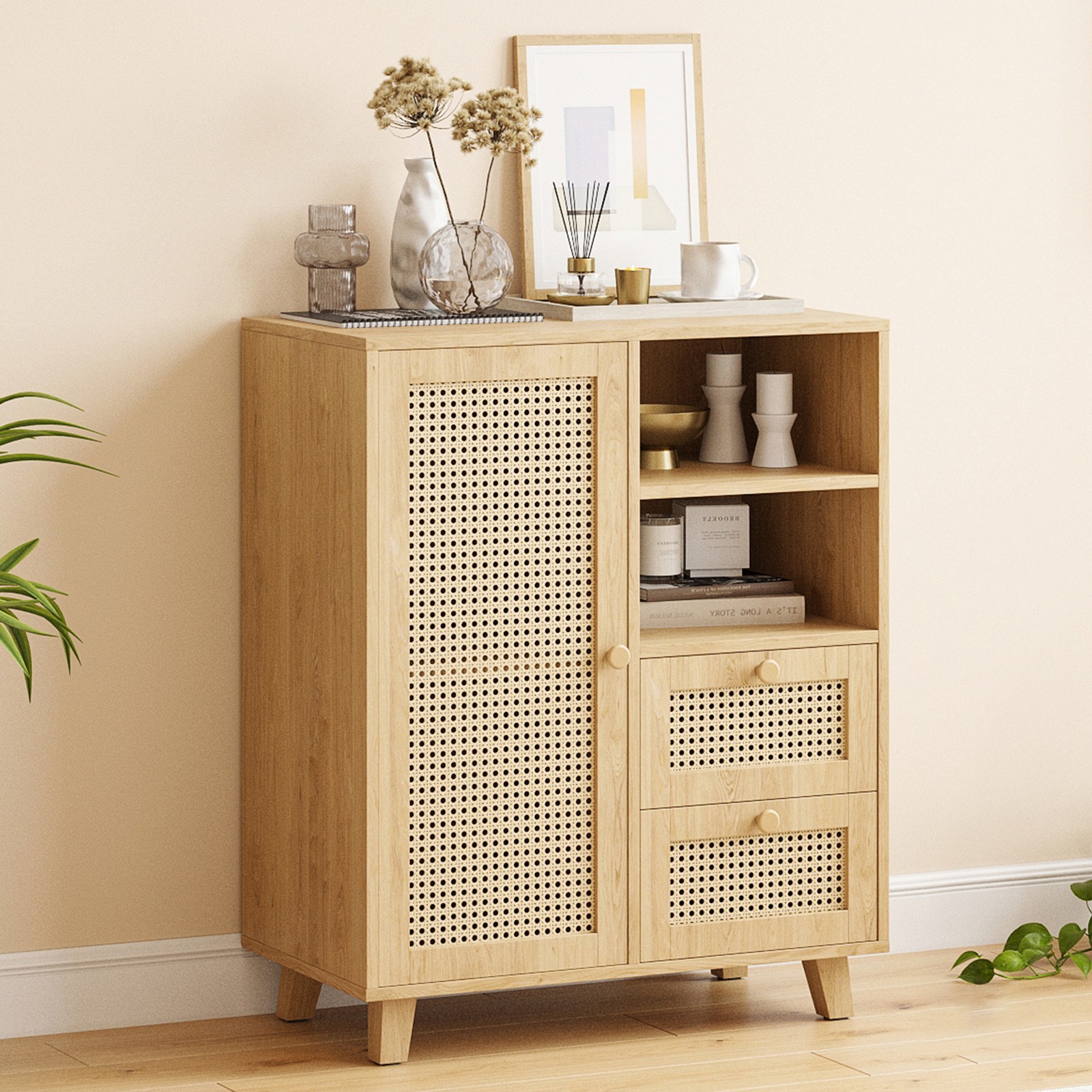 Rattan Buffet Cabinet with Adjustable Shelf, Sideboard with Drawers for Living