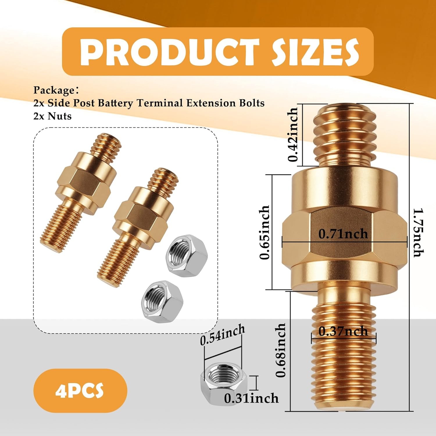 2 Set Side Post Battery Terminal Extension Bolt with Nuts,3/8"-16 Coarse and 3/8
