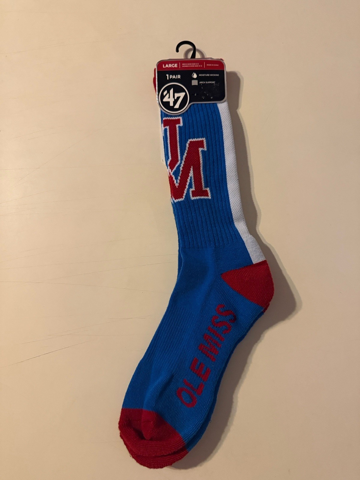 DISCONTINUED '47 Brand Ole Miss Rebels Moisture Wicking Crew Socks sz L 9-13 A11