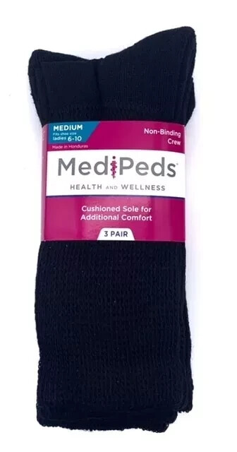 Women’s Black MediPeds Crew Socks 6 Pairs Women's Shoe Size 6-10